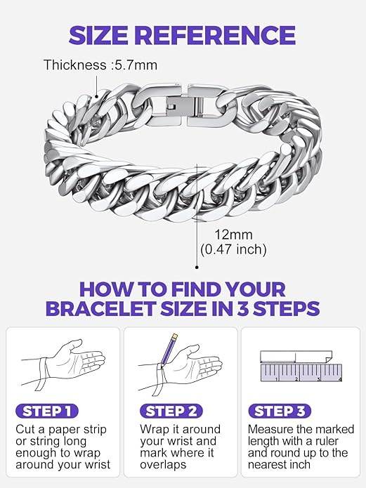 Richsteel Cuban Link Chain Bracelets 8/12/17mm Width Stainless Steel Chain Wrist Bracelets for Men, 7.4/8.2/9 Inch Length Classic Jewelry for Christmas/Valentine's Day/Birthday