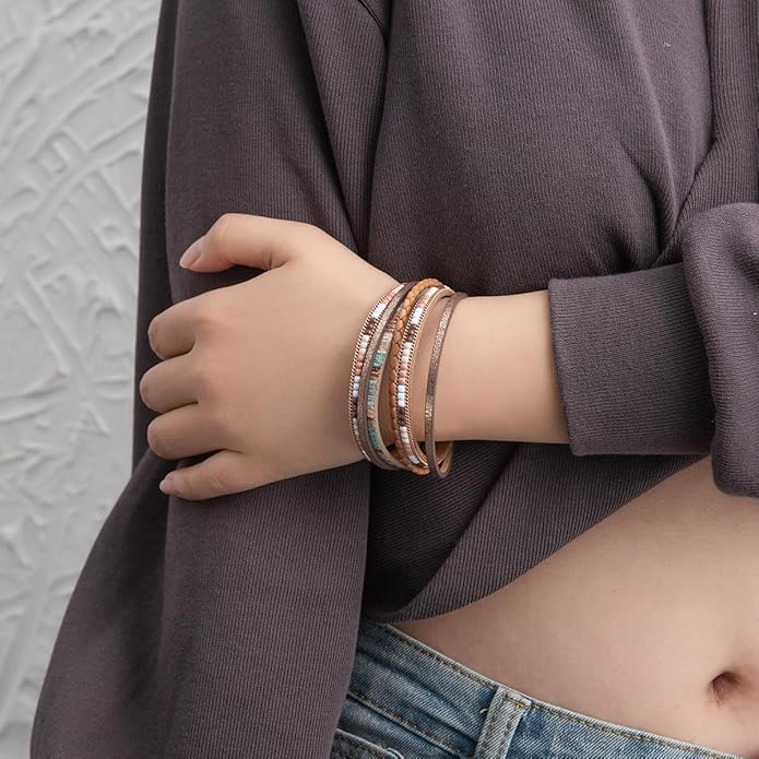 Rantanto Braid Leather Wrap Bracelet Trendy Stackable Crystal Cuff Boho Gold Heart Bracelet Jewelry Gift For Women