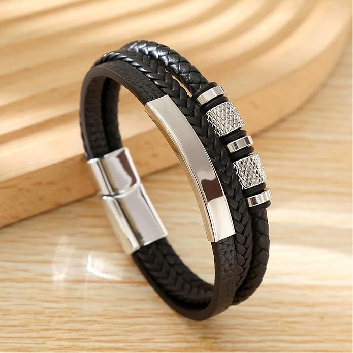 Italian Handmade Genuine Leather Bracelets for Men Stainless Steel Clip, Men's Casual Genuine Multi-layer Cuff Bracelet, Bracelet Gift for Real Men