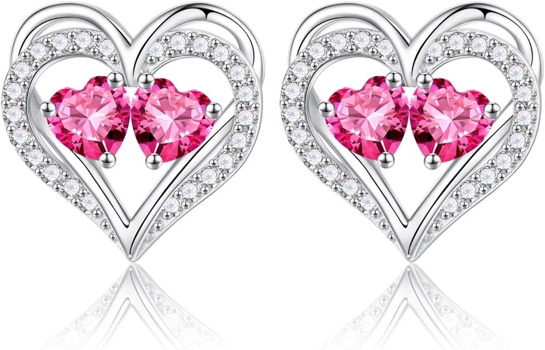 Iefil Birthstone Earrings for Women - 925 Sterling Silver Heart Earrings Anniversary Birthday Gifts for Women Wife Girlfriend Mom