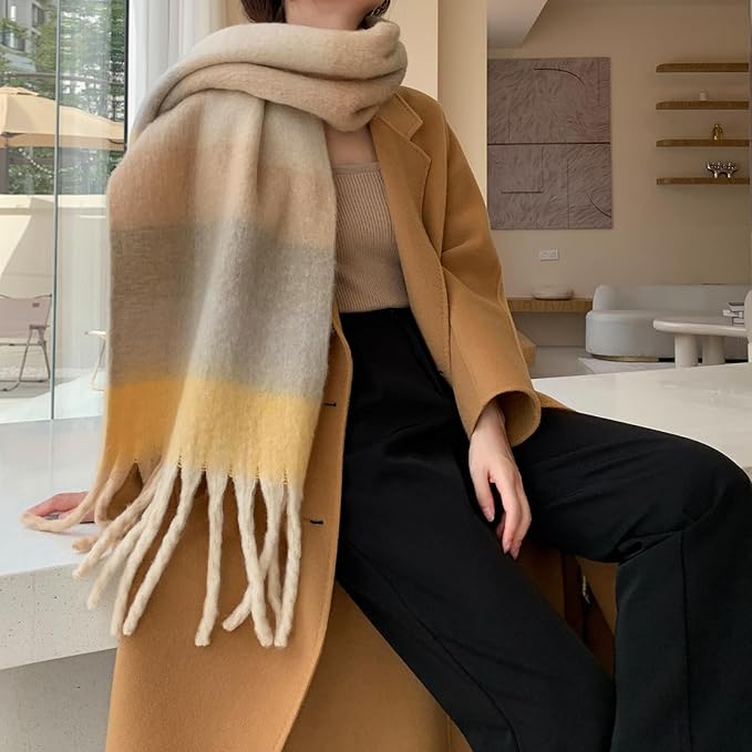 SHOHOKU Large Chunky Plaid Scarf Coloured Checked Oversized Scarf Tassel Soft Fall Winter Thick Warm Shawl Women