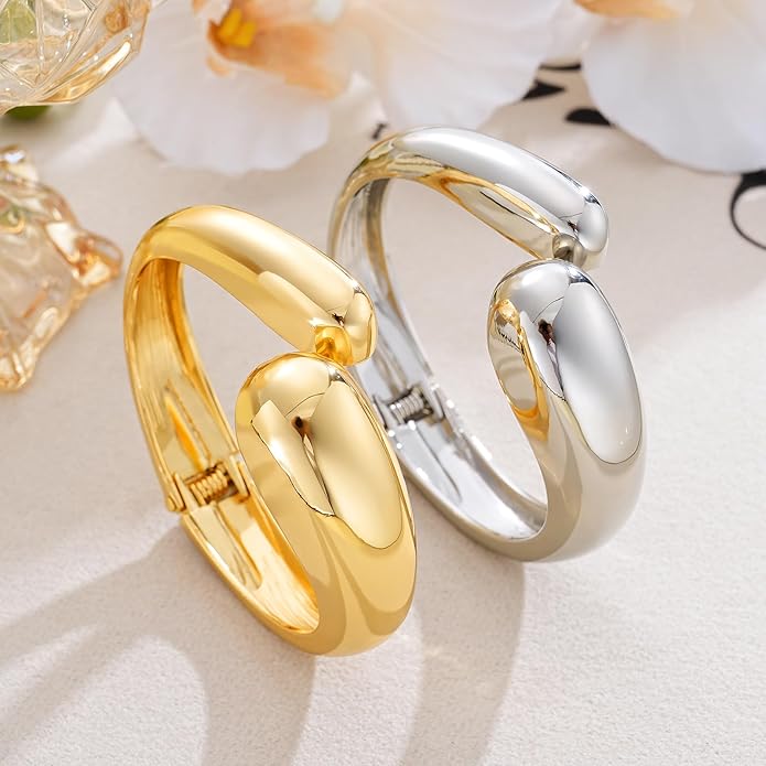 Gold Silver Bangles Bracelet for Women Trendy, 14K Gold Plated Dainty Thick Chunky Cuff Bracelet Stack