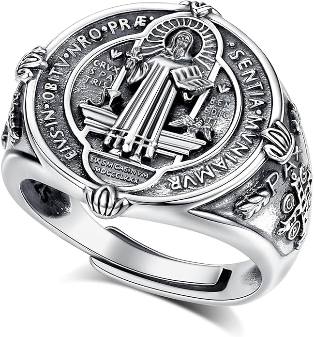 EUDORA S925 Sterling Silver St Benedict Ring San Benito Rings for Women Men, Vintage Ankh Cross Ring Saint Benedict Amulet Adjustable Rings Gifts for Women Mens Father Mother