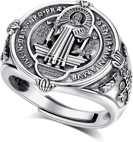 EUDORA S925 Sterling Silver St Benedict Ring San Benito Rings for Women Men, Vintage Ankh Cross Ring Saint Benedict Amulet Adjustable Rings Gifts for Women Mens Father Mother