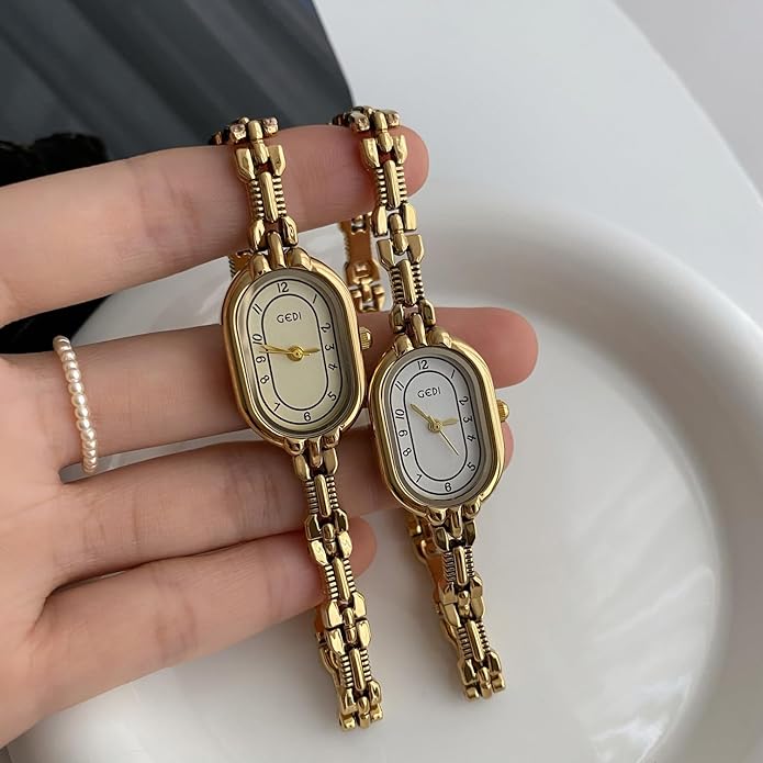 Women's Vintage Oval Watches Luxury Minimalism Bracelet Small Gold Tone Watch Ladies Analog Waterproof Watch Fashion Bangle Bracelet Dress Watch with Stainless Steel Band