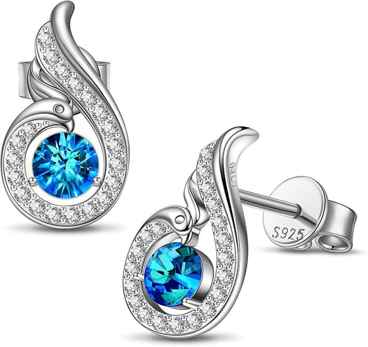 Kate Lynn "Rise From the Ashes" Sterling Silver Phoenix Earrings, Stud Earrings with Crystals from Austria, Packaged with Jewelry Box, Birthday Gifts for Women, Symbol of Luck and Renewal