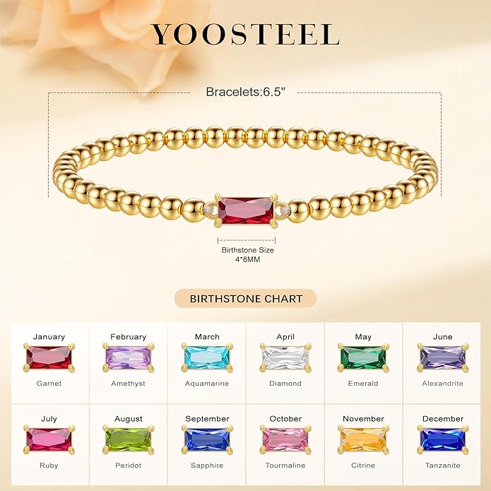 Yoosteel Dainty Birthstone Bracelet for Women - Elastic 14K-Gold-Plated Bead Bracelets Trendy Friendship Birthday Jewelry Gifts Christmas Stocking Stuffer for Women