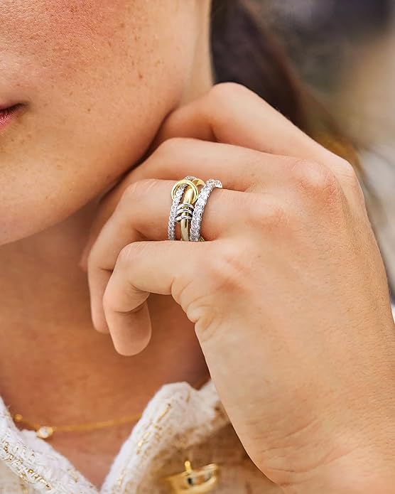 Gold Stackable Rings for Women, Non Tarnish 14K Gold Plated Cubic Zirconia Mixed Metals Stacking Connected Rings Set Jewelry Gifts