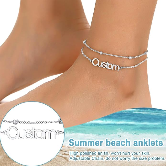 U7 Custom Layered Ankle Bracelets for Women Stainless Steel Bead/Cuban/Figaro/Rope/Wheat Chain Anklet Waterproof Anklet Jewelry for Beach Vacation