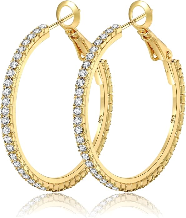 925 Sterling Silver Earrings Large Rhinestone Hoop Earrings Big Cubic Zirconia Hoop Earrings Thin Rhinestones Round Hoop Earrings for Women 20/30/40/50/60/70mm Sparkly Hoops With Crystals for Womens