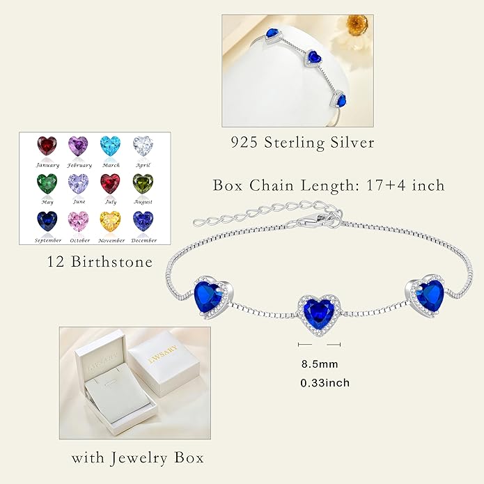 Love Heart Bracelet 925 Sterling Silver Halo Heart Birthstone Bracelet Jewelry Gifts for Women