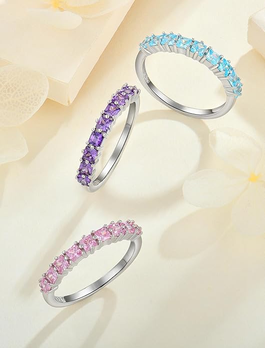 Princess Cut Stackable Rings 925 Sterling Silver Eternity Rings Birthstones Jewelry for Women Size 5-10