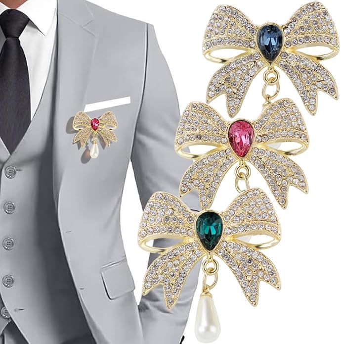 3PCS Vintage Pearl Rhinestone Bow Brooch Gold Brooches and Pins for Women Red Blue Green Gemstone Pearl Brooch Pins for Dresses Womens Clothes Corsage Clothing Accessories Jewelry Pins and Brooches