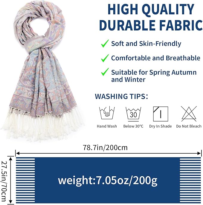 QIUTIMIY Paisley Pashmina Shawl Wrap Women Reversible Vintage Jacquard Pashmina Rave Scarf with Fringe for Evening, Wedding