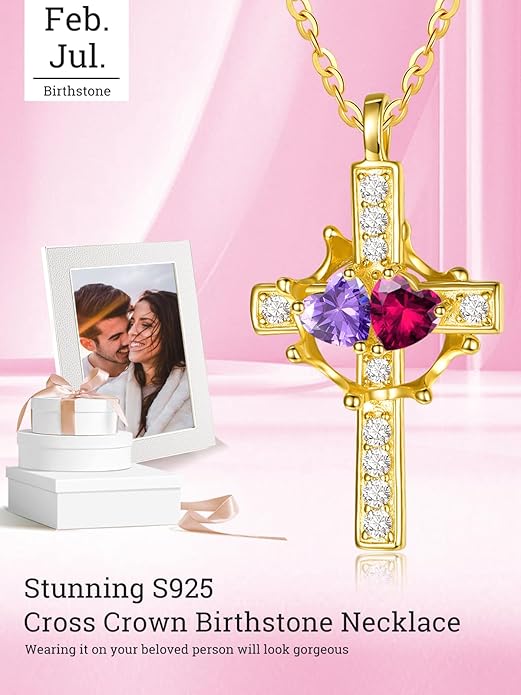 Zeuslia Double Birthstone Necklace Gifts for Wife - 925 Sterling Silver Sunflower/Rose/Crown Cross/Compass/Heart Pendant I Love You Necklace, Anniversary Birthday Gifts for Wife Girlfriend Mom Her