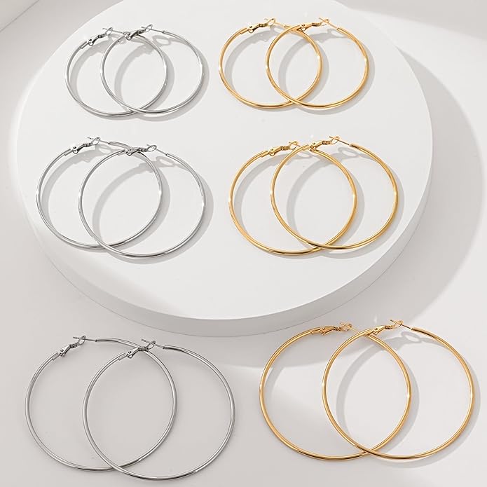 6 Pairs Gold Silver Hoop Earrings for Women, 14K Gold Plated Stainless steel Hoop Earring for Women, Lightweight Hypoallergenic Dainty Hoop Earrings Set