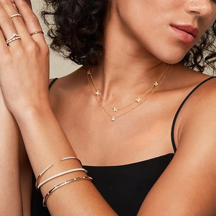 KSF Gold Choker Necklace for Women - 18K Gold Plated Dainty Necklaces for Women Trendy, Cute Heart Flower Butterfly Beaded Cubic Zirconia Choker, Stainless Steel Necklace Jewelry Gift Non Tarnish