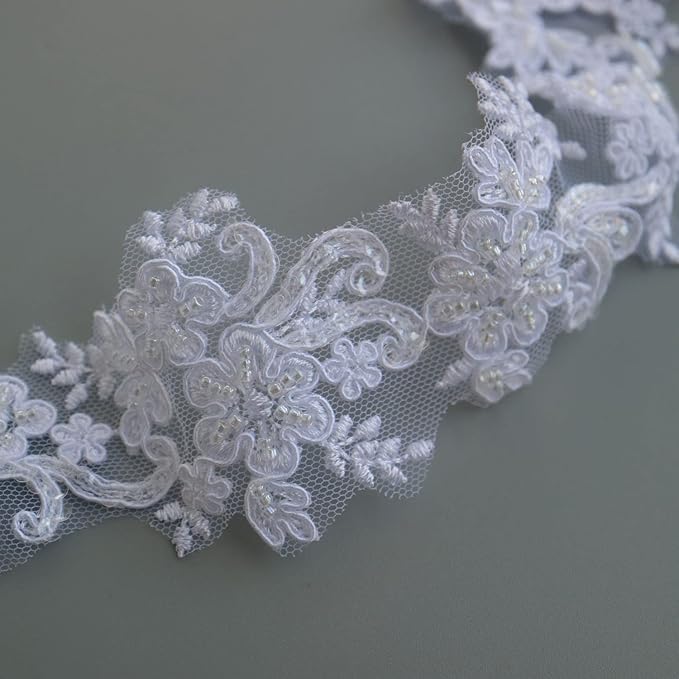 G-RUI 6cm*2yards Pure White Luxury Beaded Embroidery Flower lace Appliques for Wedding Dresses Rhinestone Applique Patches Embroidery lace parches ropa (Pure White Color)…