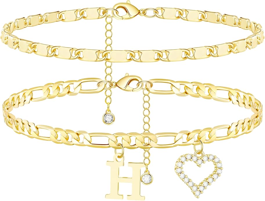 Initial Ankle Bracelets for Women Waterproof 14K Gold Plated Dainty Layered Figaro Chain Letter Initial CZ Heart Ankle Bracelets Set Summer Beach Jewelry for Women