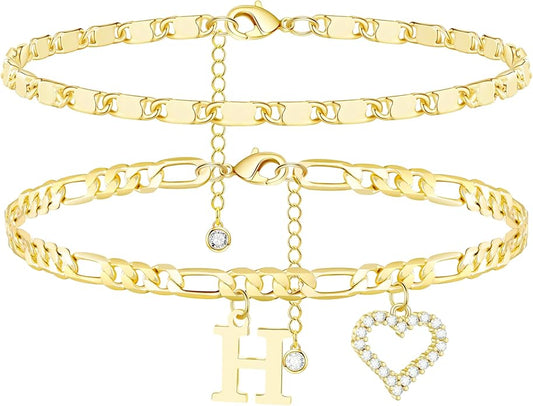 Initial Ankle Bracelets for Women Waterproof 14K Gold Plated Dainty Layered Figaro Chain Letter Initial CZ Heart Ankle Bracelets Set Summer Beach Jewelry for Women
