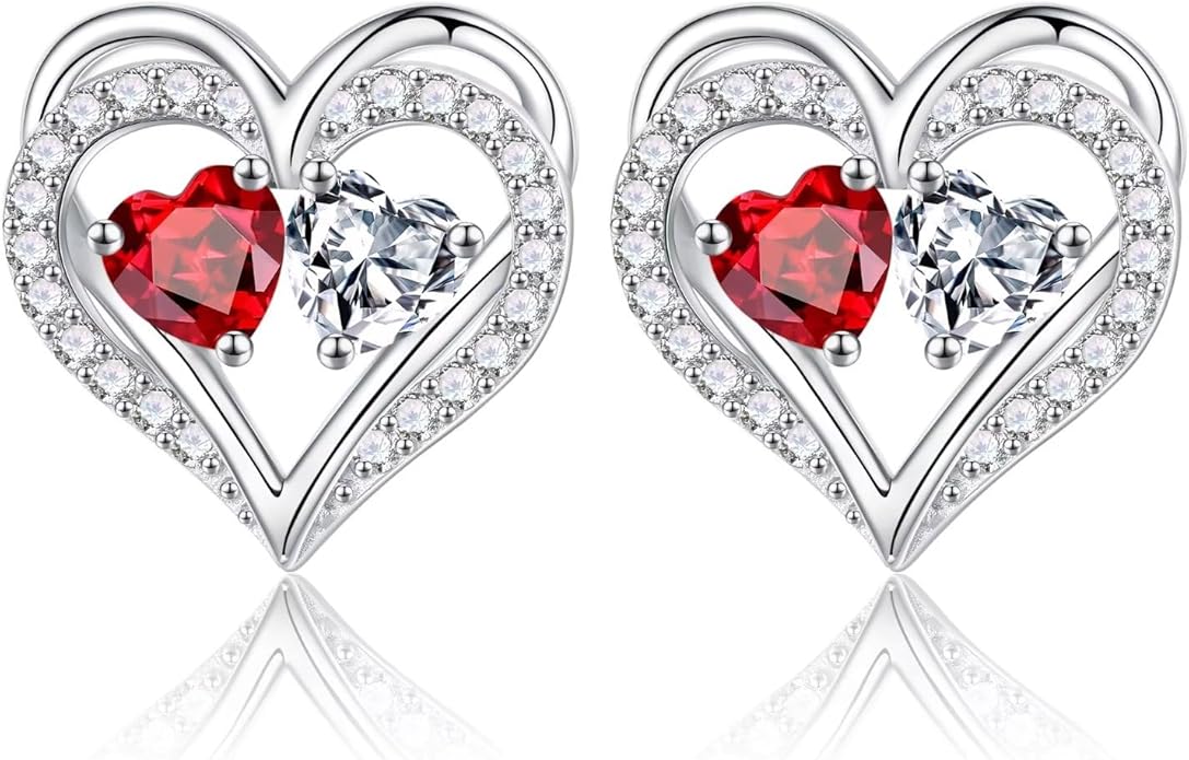 Iefil Birthstone Earrings for Women - 925 Sterling Silver Heart Earrings Anniversary Birthday Gifts for Women Wife Girlfriend Mom