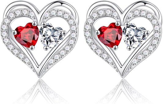 Iefil Birthstone Earrings for Women - 925 Sterling Silver Heart Earrings Anniversary Birthday Gifts for Women Wife Girlfriend Mom