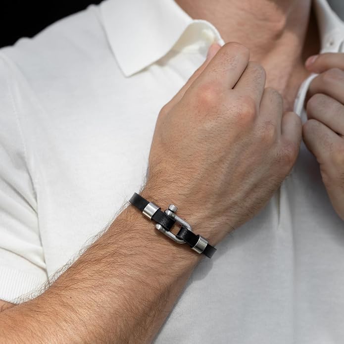 Elegatto Morelle Premium Leather Bracelet for Men | Full-Grain Black Leather with Silver Polished Stainless Steel Shackle Closure | Men’s Designer Jewelry