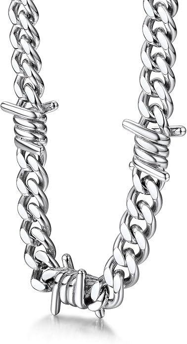 Bestyle Barbed Wire Necklace 5/7/9/12mm Mens Chain Necklaces Hip-hop Punk Gothic Stainless Steel Chain Heavy Thick Cuban Link Chain for Men Women, Length 16/18/20 Inch