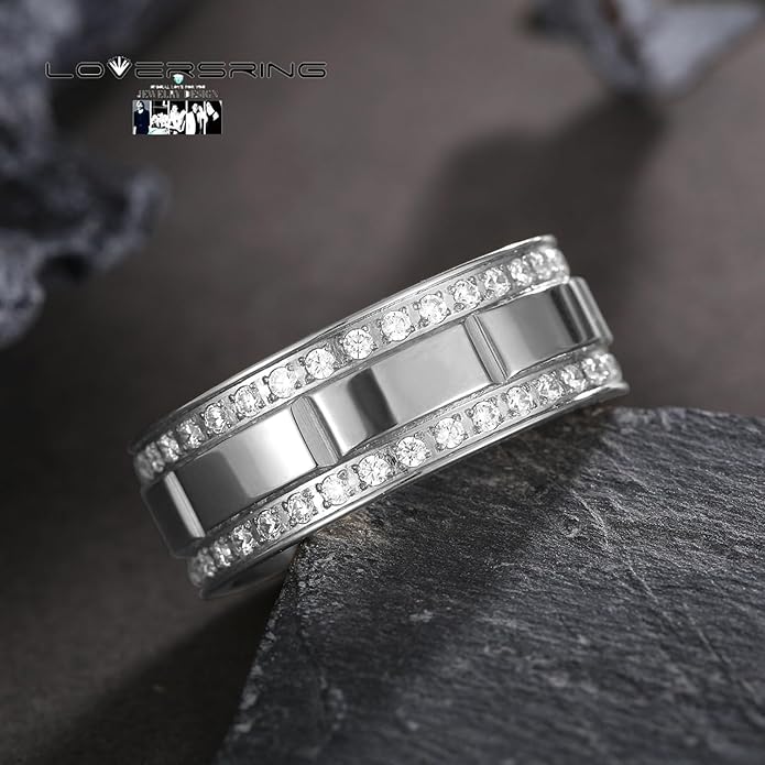 TWO RINGS Wedding Ring Sets His And Hers Promise Ring Couples Bridal Sets Women 925 Sterling Silver square Cz Man Stainless Steel Brushed Finished Wedding Bands