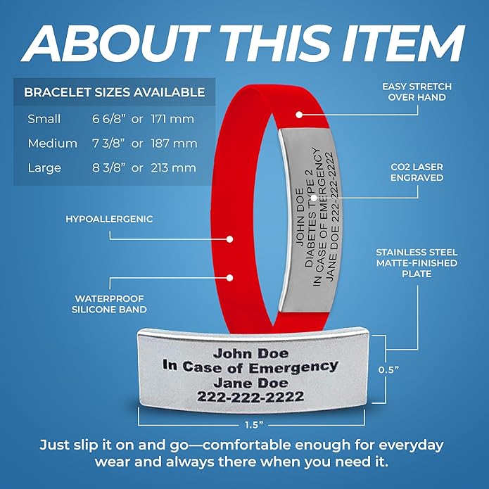Personalized Medical Alert Bracelet for Men & Women – Custom Engraved Waterproof Silicone Wristband with Stainless Steel ID Plate – Medical ID Bracelet for Allergies, Conditions, ICE Info & Emergency Card