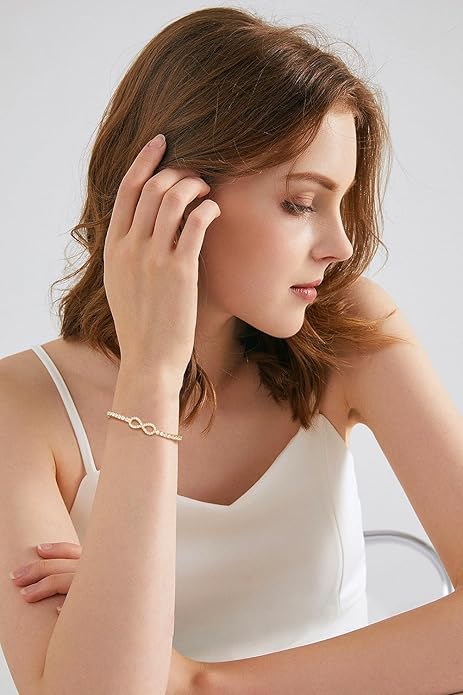 Imitation Diamond Infinity Tennis Bracelet for Women 3mm, 18K Gold Vermeil Moissanite Adjustable Bracelet, Skin-friendly .925 Sterling Silver Bolo Chain for Wrist Measuring 4"-9.5", D Color VVS1 Lab-created Diamond Jewelry Gift for Women