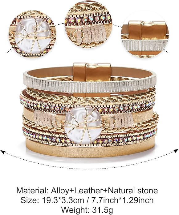 Fesciory Leopard Bracelet for Women, Boho Leather Wrap Multi-Layer Pearl Crystal Bracelet Bangle Jewelry
