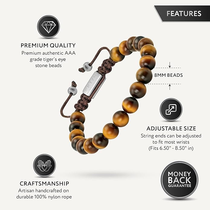 RTZN® Tigers Eye Bracelet for Men – Premium Artisan Handcrafted Golden Brown Tiger Eye Bead Bracelets – Natural Stone Tiger Eye Bracelet Men – Beaded Bracelets for Men