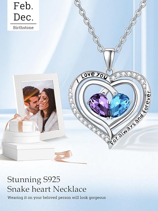 Zeuslia Double Birthstone Necklace Gifts for Wife - 925 Sterling Silver Sunflower/Rose/Crown Cross/Compass/Heart Pendant I Love You Necklace, Anniversary Birthday Gifts for Wife Girlfriend Mom Her
