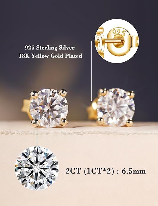 IMOLOVE Moissanite Stud Earrings for Women in Sterling Silver Hypoallergenic 1-3CT D Color Round Cut Moissante Earrings