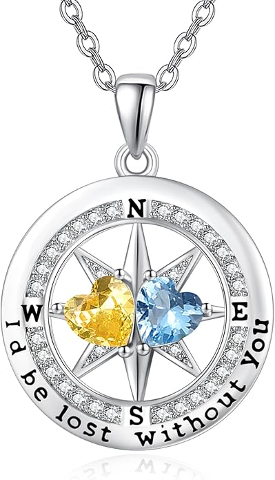 Compass Birthstones Necklace for Women, Exquisite Anniversary Birthday Gifts for Wife Her Double Birthstone Pendant jewelry ‘I'd be Lost Without You’