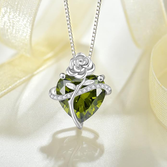 Birthstone Necklace for Women 925 Sterling Silver Love Heart Rose Flower Necklace Dainty Jewelry Gifts for Women Wife Girlfriend Mother Daughter Her