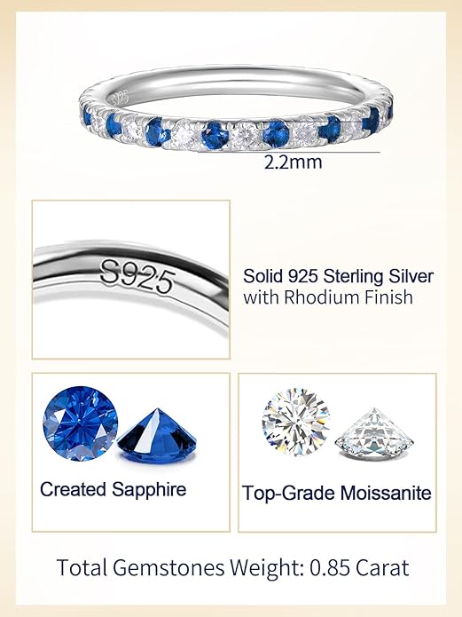 CYW Moissanite Sapphire Ruby Emerald Hand Setting Full Eternity Rings for Women, Solid 925 Sterling Silver, Stackable Ring, Wedding Birthday Valentines Anniversary Mothers Day Ideal Gift for Her