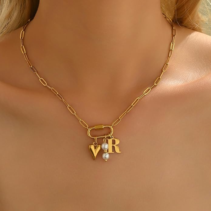 Gold Heart Initial Necklaces for Women 18K Gold Plated Dainty Pearl Letter Necklace Personalized Monogram Name A-Z Pendant Everyday Jewelry for Women