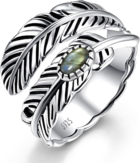Sterling Silver Feather Ring with Black Onyx & Turquoise - Adjustable Stacking Vintage Statement Ring for Women & Men
