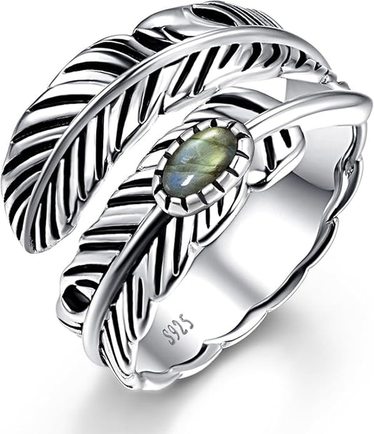 Sterling Silver Feather Ring with Black Onyx & Turquoise - Adjustable Stacking Vintage Statement Ring for Women & Men