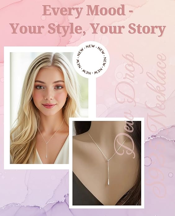 Dew-drop Lariat Y-Shaped Silver Necklace for Women, 925 Sterling Silver, Non Tarnish, Trendy, Simple Drop Dangle Charm Chain Jewelry Gift for Women