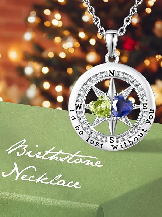 Compass Birthstones Necklace for Women, Exquisite Anniversary Birthday Gifts for Wife Her Double Birthstone Pendant jewelry ‘I'd be Lost Without You’