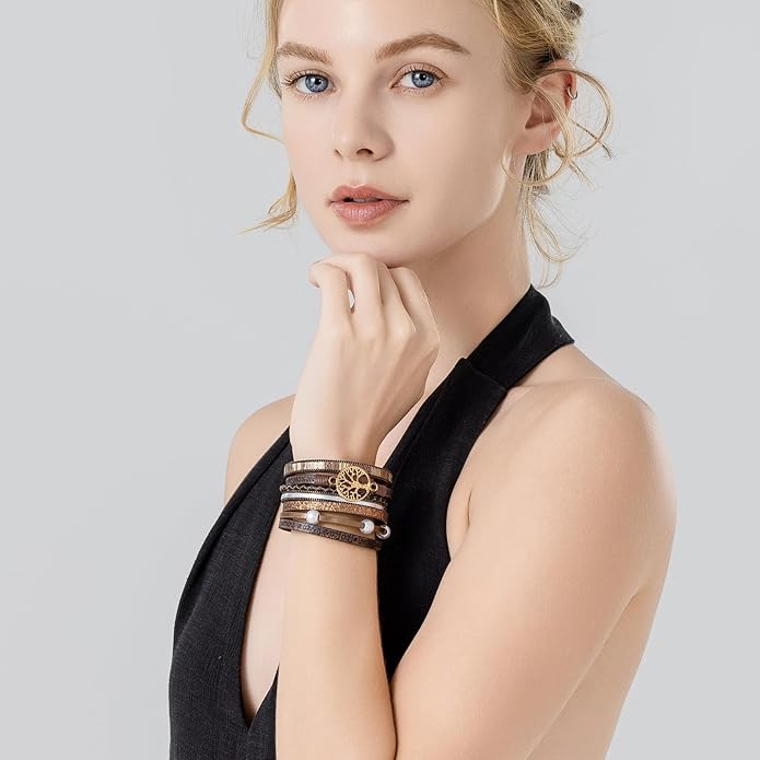 FANCY SHINY Tree of Life Leather Wrap Bracelet Inspirational Cuff Bangles Boho Pearl Bracelets with Magnetic Clasp Unique Jewelry Gifts for Women