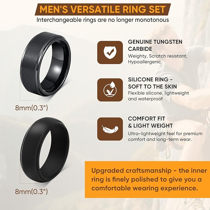 VNOX 2PCS Mens Wedding Band Set Silicone Tungsten Rings for Men，8mm Black Ring Promise Engagement Anniversary Bands Comfort Fit Size 8-12