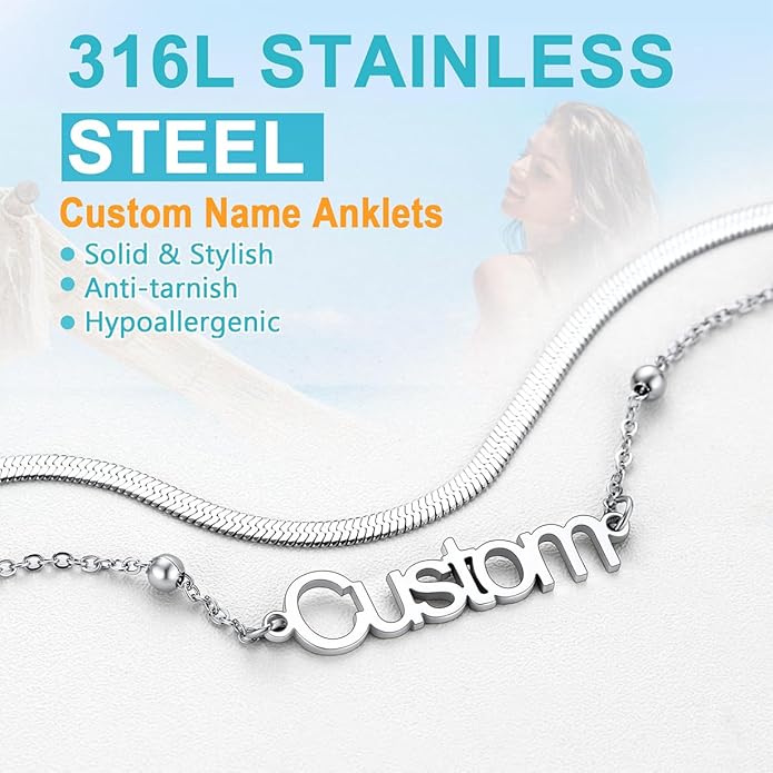 U7 Custom Layered Ankle Bracelets for Women Stainless Steel Bead/Cuban/Figaro/Rope/Wheat Chain Anklet Waterproof Anklet Jewelry for Beach Vacation