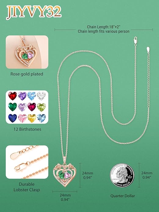 JIYVY32 Rose Heart Necklace for Women Exquisite 925 Sterling Silver Anniversary Birthday Gifts for Wife Mom Her Double Birthstone Pendant Jewelry