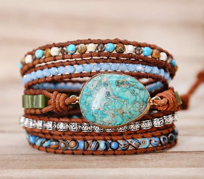 ZOSOJONA Boho Handmade Natural Stone Wrap Bracelets Turquoises Crystal Beads Bracelet Jewelry