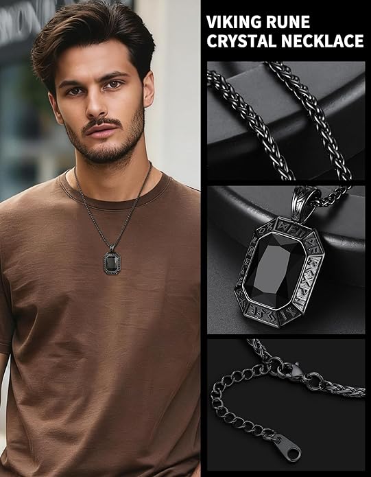 ChainsHouse Viking Rune Pendant Necklace for Men Women, Punk Biker Black Metal/316L Stainless Steel Onyx Norse Vintage Amulet Necklaces with Black/Red/Green/Blue Gemstone, Send Gift Box