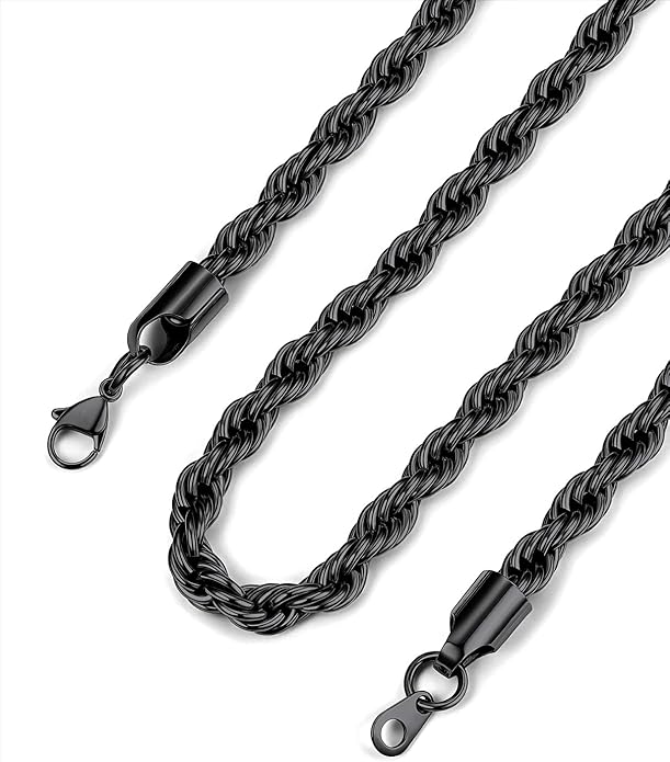 Bandmax Solid 1.5mm/2mm/3mm/6mm Rope Chains for Men Women 14K Gold Plated/Black Plated Stainless Steel Twist Chain 16-30 Inches, with Gift Box
